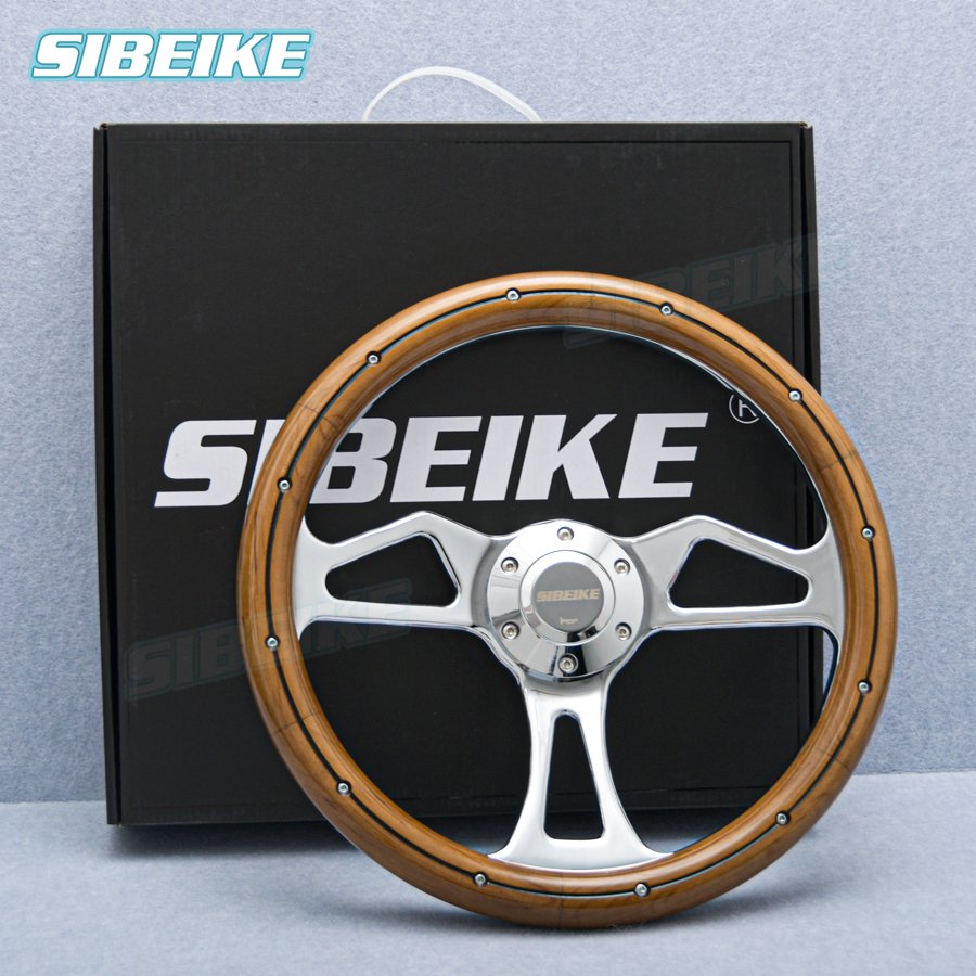 Sibeike 14inch Classic Real Wood Car Steering Wheel Universal Vintage Retro Sports Steering Wheel with Rivet