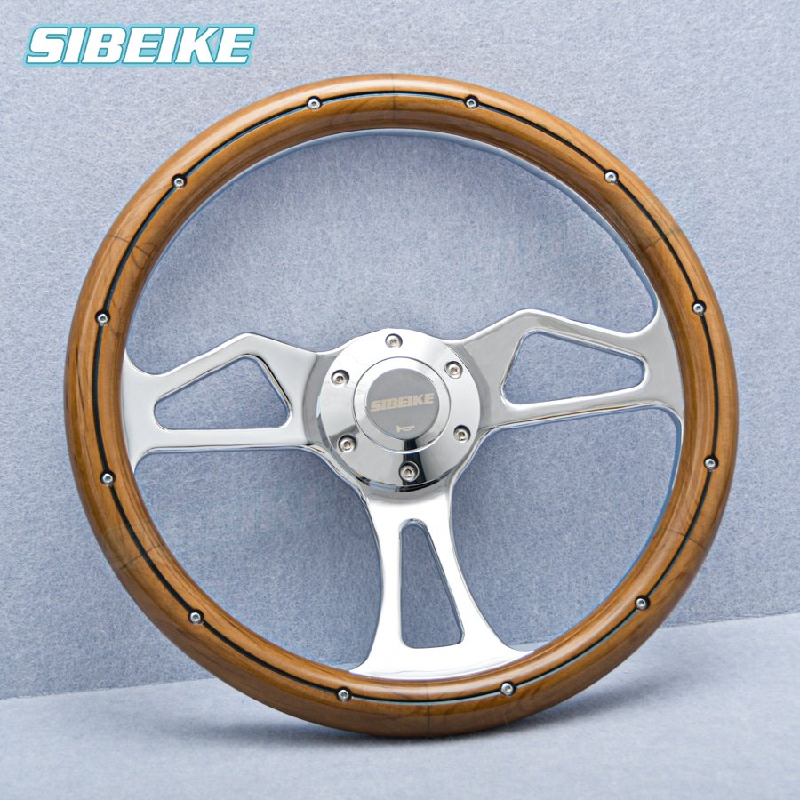 Sibeike 14inch Classic Real Wood Car Steering Wheel Universal Vintage Retro Sports Steering Wheel with Rivet