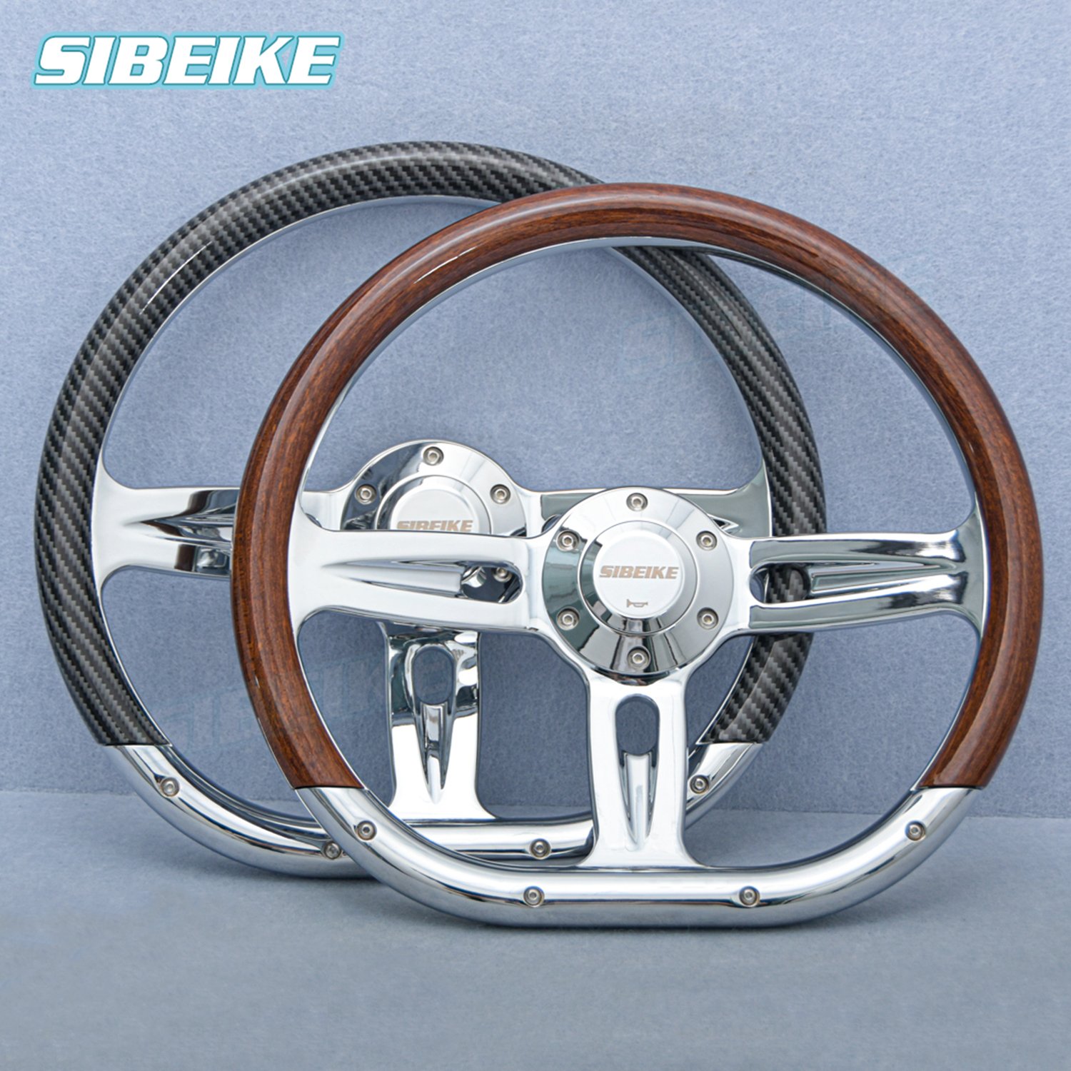 NEW Classic Vintage D Shape Wood Style Steering Wheel 14inch JDM Carbon Film Sports Steering Wheel Chrome Spoke