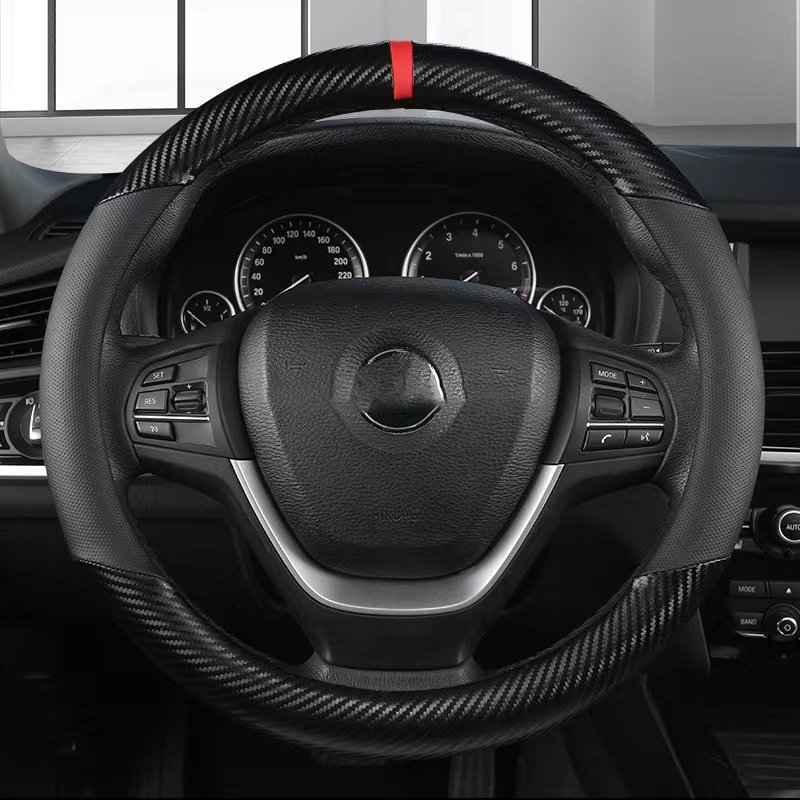 High Quality Leather Breathable Car Steering Wheel Cover Black Red Fiber Leather Car Accessory