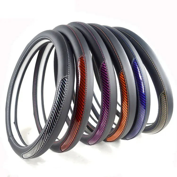 High Quality Leather Breathable Car Steering Wheel Cover Black Red Fiber Leather Car Accessory