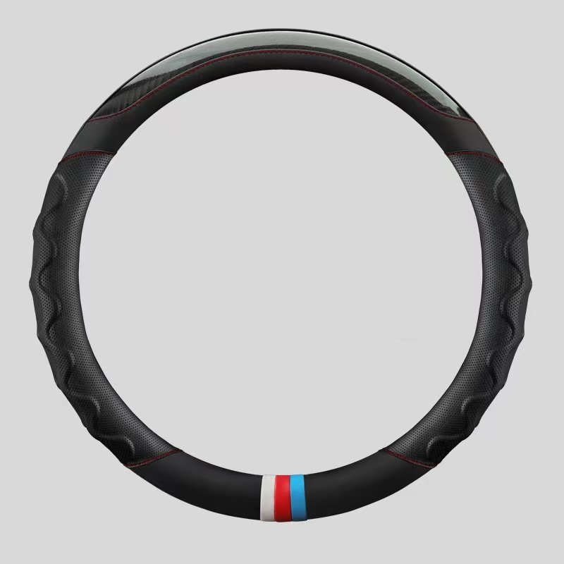 High Quality Leather Breathable Car Steering Wheel Cover Black Red Fiber Leather Car Accessory