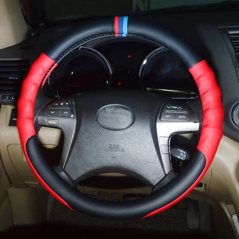 High Quality Leather Breathable Car Steering Wheel Cover Black Red Fiber Leather Car Accessory