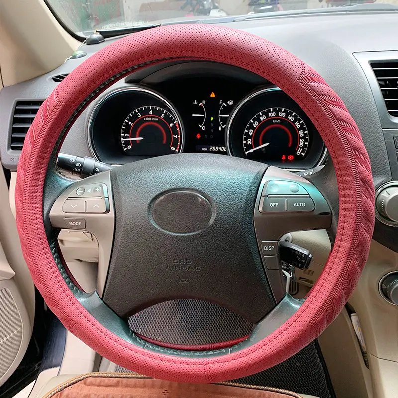 High Quality Leather Breathable Car Steering Wheel Cover Black Red Fiber Leather Car Accessory