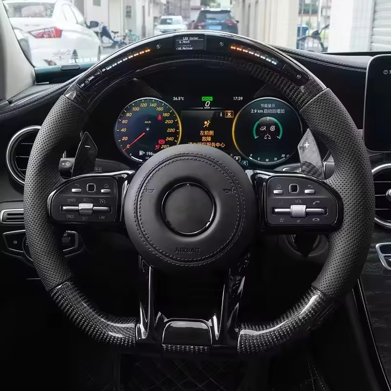 With Piano Black Trim Half Perforated Leather Carbon LED Steering Wheel for Mercedes W204 W205 C180 W221 W222 W213 C43 C63 AMG