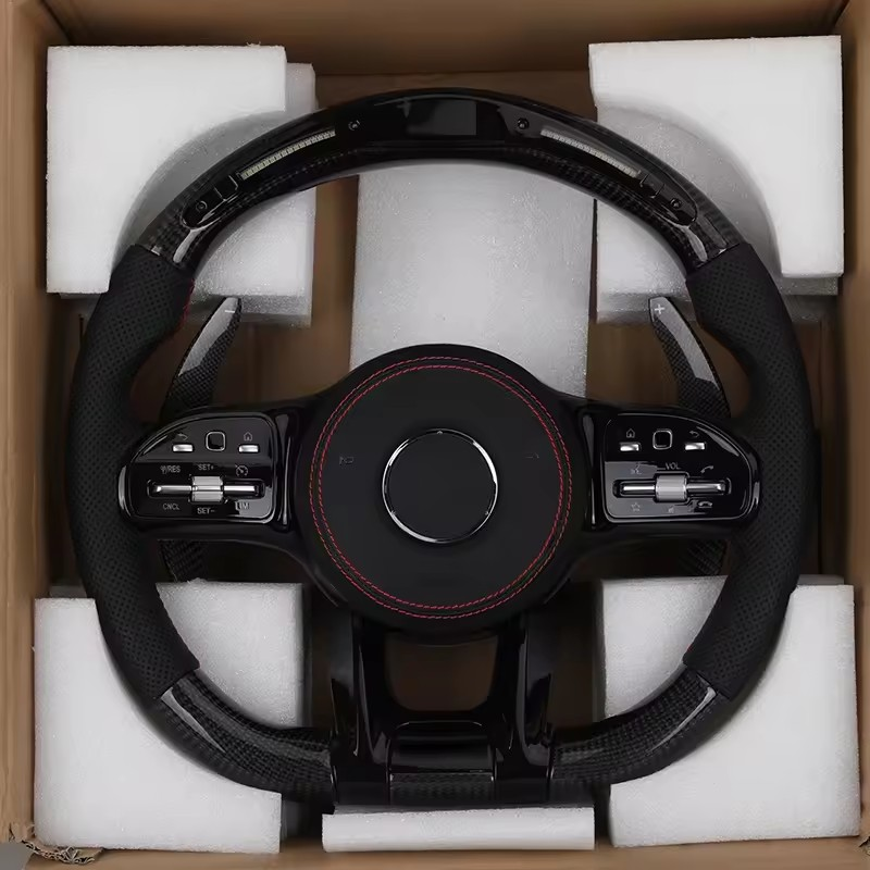 With Piano Black Trim Half Perforated Leather Carbon LED Steering Wheel for Mercedes W204 W205 C180 W221 W222 W213 C43 C63 AMG