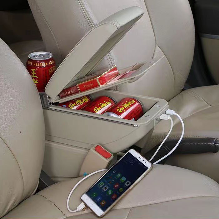 PU Leather Central Store Content Storage Box with USB Charging Cup Holder Arm Rest Box for Hyundai I20