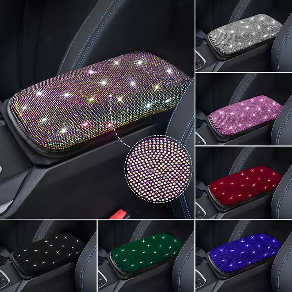 Diamond Auto Center Console Cover Bling Car Armrest CoverArmrest Cushion Pad Crystal Rhinestones Universal Seat Box Cover