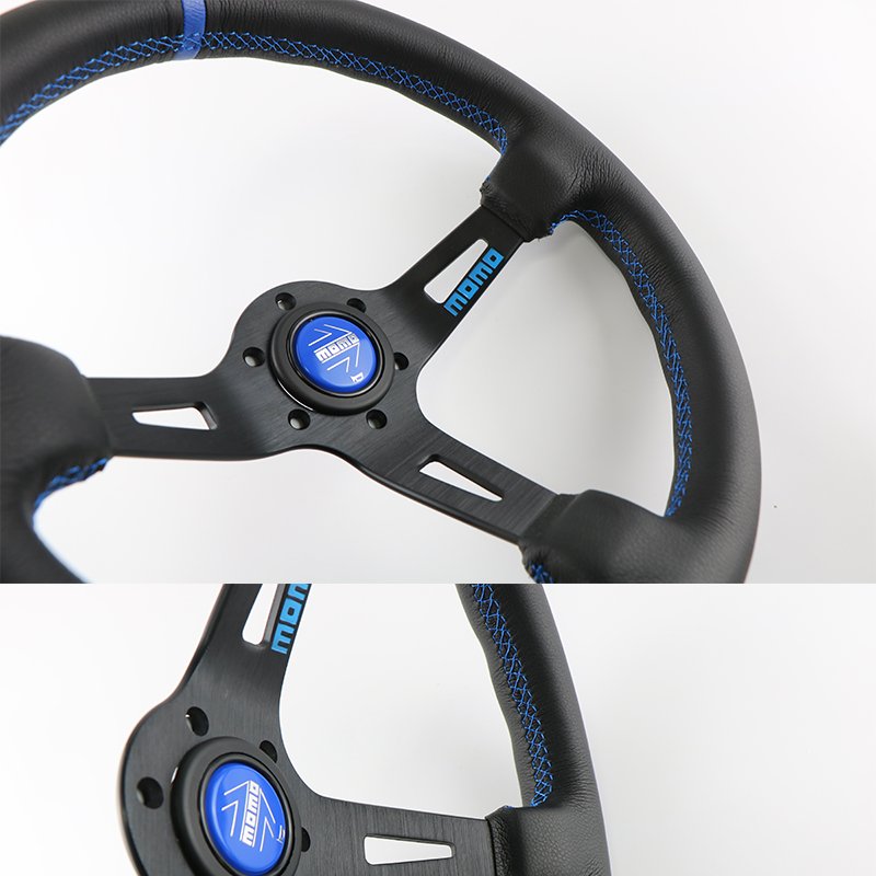 MOMO Steering Wheel Blue Horn Hood Braided Thread 350MM 14 Genuine Leather Racing Game Competition Sports Car JDM SIM