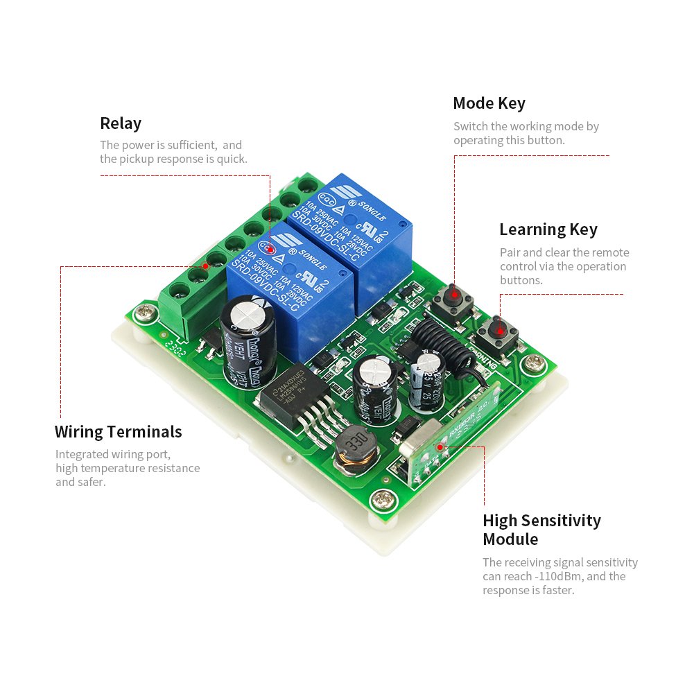 DC12V-48V Wide Voltage 10A 2CH Relay Receiver 315MHz 433 MHz Wireless Remote Control Switch for Garage Gate Motor Pump