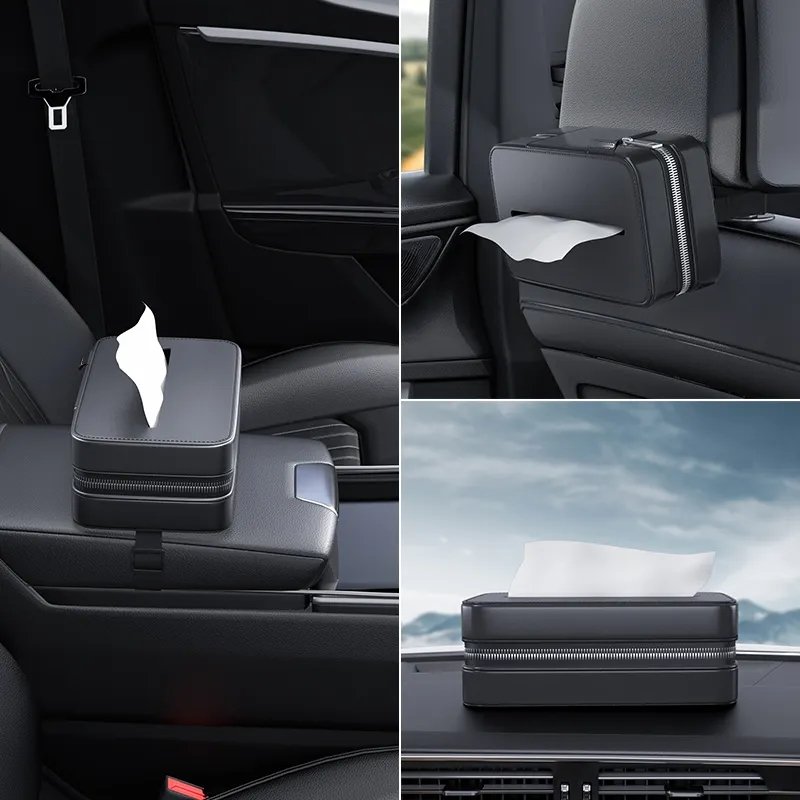 Universal Car Tissue Box for Center Console Armrest Box or Seat Back Car Accessories Pu Leather Black Car Tissue Box