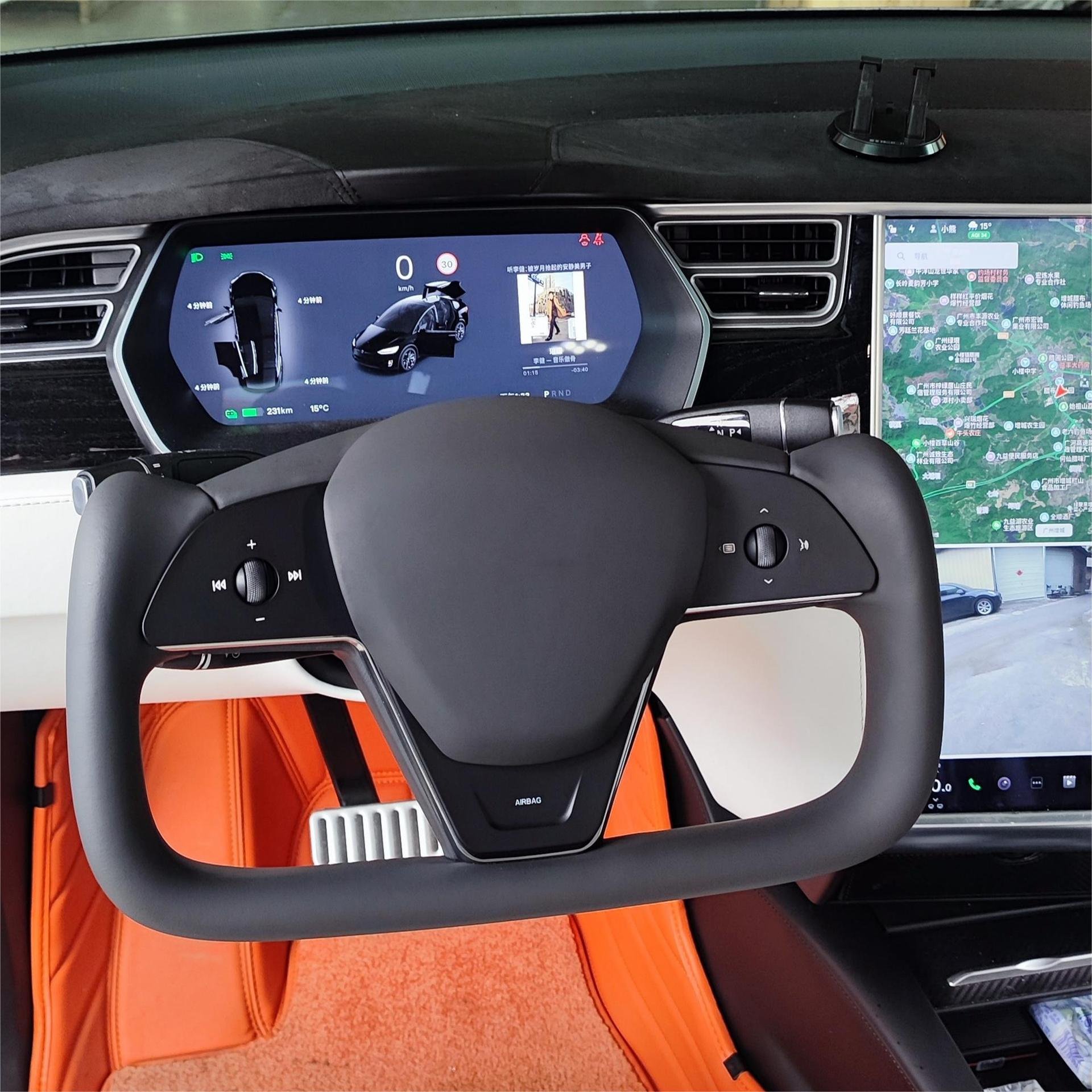 Tesla Model 3 Y X S Full Leather Racing Style Carbon Fiber Steering Wheel PU Material Orange Stitching Black Fit Sports Car