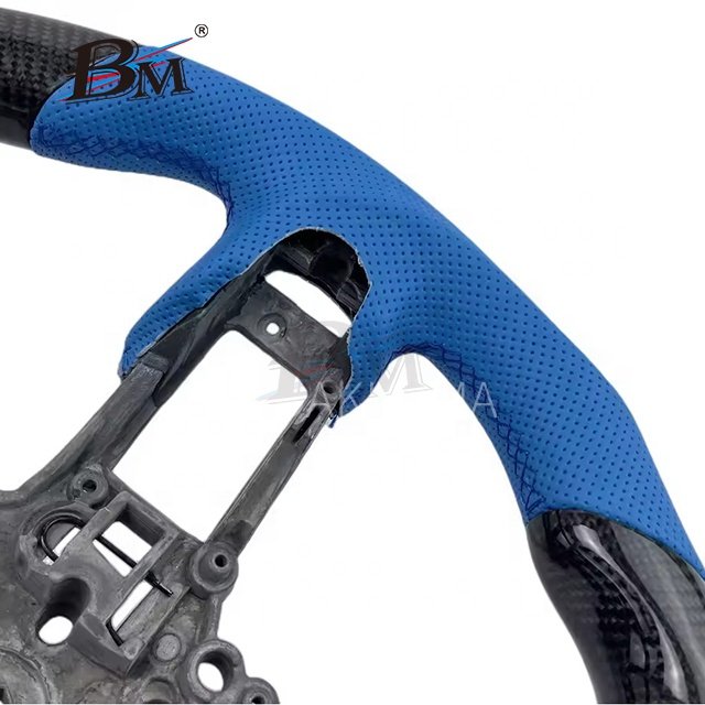 For Ford Mustang Accessories Interior Carbon Fiber Round Classical Automobile Steering Wheels Blue Leather Perforated 2015-2017