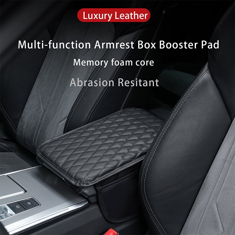Leather Car Armrest Storage Box Padded Cushion in Memory Foam Black Beige Red Car Center Console Cover with Side Pockets