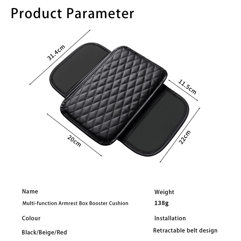 Leather Car Armrest Storage Box Padded Cushion in Memory Foam Black Beige Red Car Center Console Cover with Side Pockets