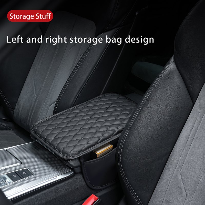 Leather Car Armrest Storage Box Padded Cushion in Memory Foam Black Beige Red Car Center Console Cover with Side Pockets