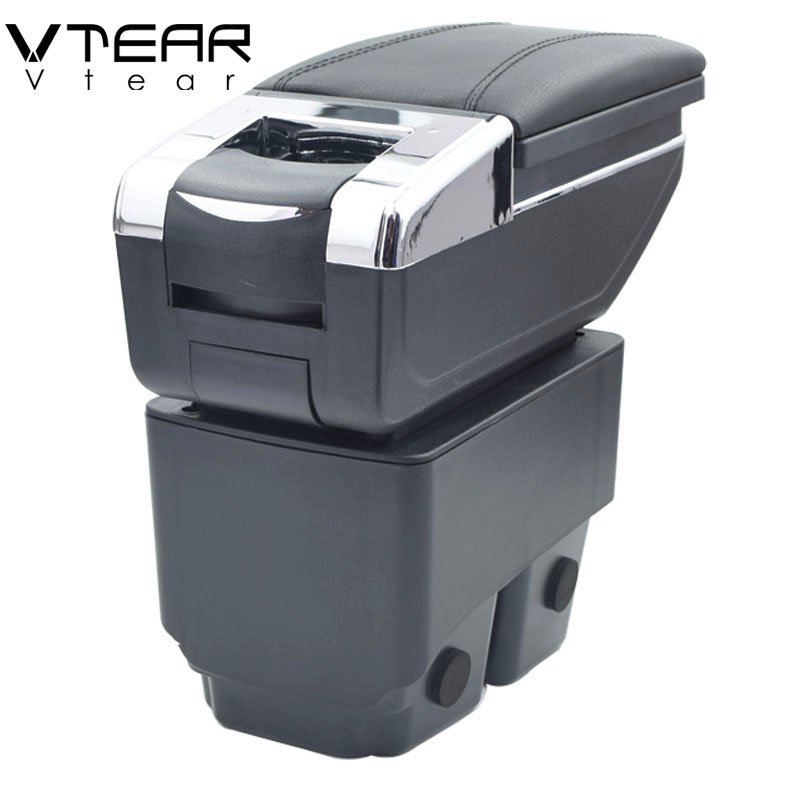 Vtear for Ford Fiesta 3 MK7 Armrest Leather Central Store Storage Box Red Thread Car-styling Interior ABS Arm Rest Accessories