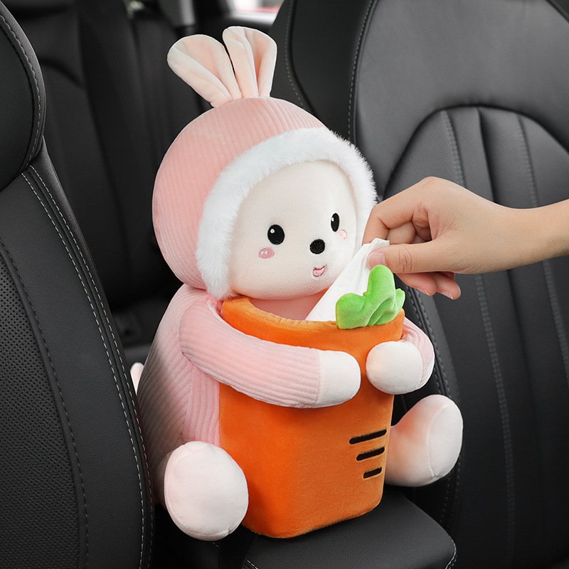 Cartoon Cute Plush Doll Armrest Boxes 2-in-1 Home Office Storage Trash Can and Tissue Holder Car Tissue Box