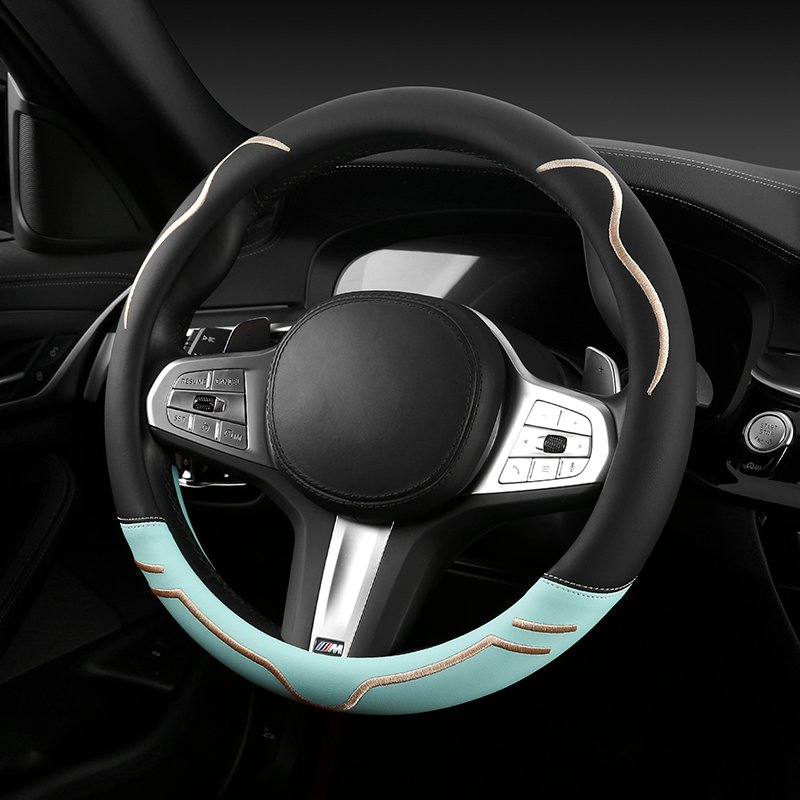 KK cartoon cute Nappa Premium Leather car Steering Wheel Cover Non-Slip Universal 15 inches