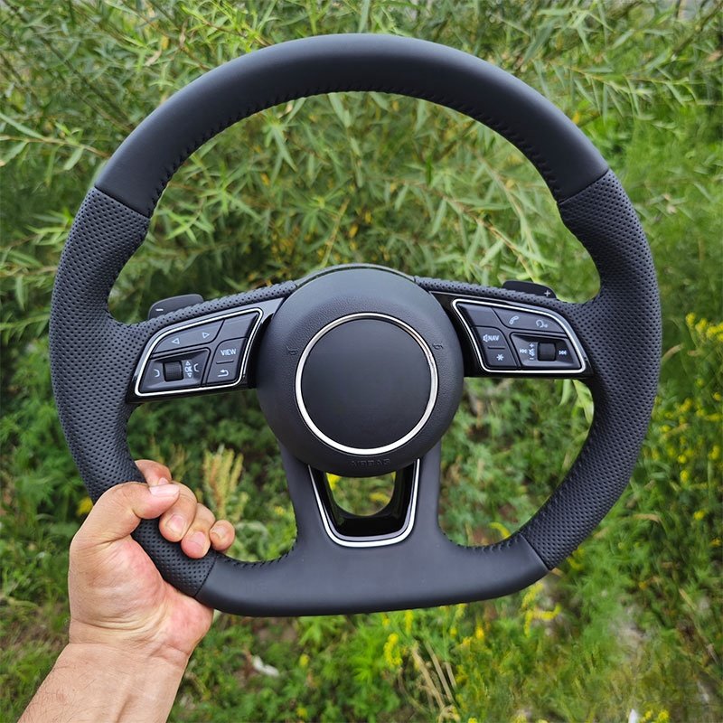 For Audi A4 B8 A3 8V A4 A5 A7 Q3 Q5 Q7 Leather Steering Wheel Black Stitched Full Leather Perforated Flat Bottom Steering Wheel