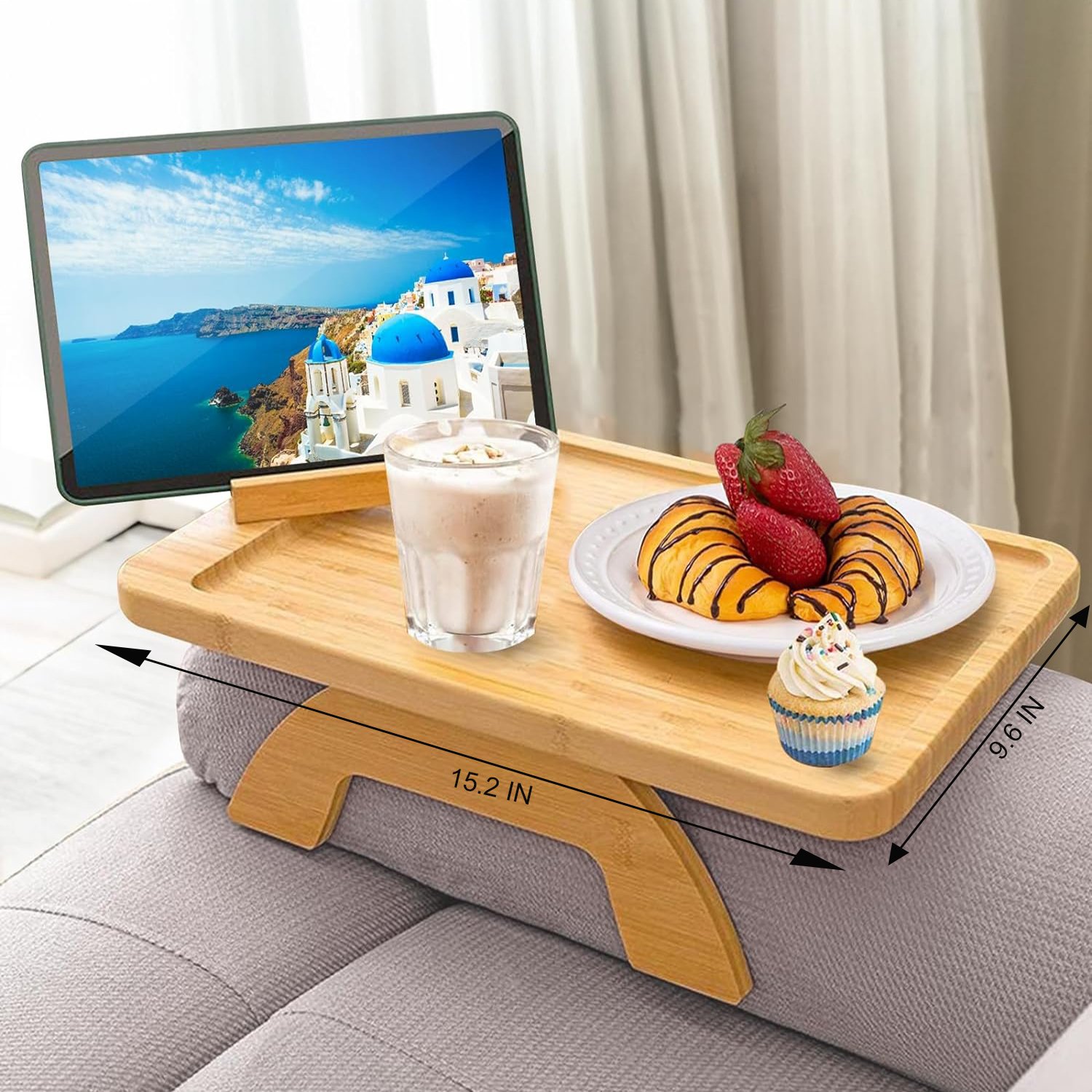 Custom Bamboo Foldable Sofa Arm Tray Clip on Side Table for Wide Couches Armrest With Rotating Phone Holder for Eating and Drink