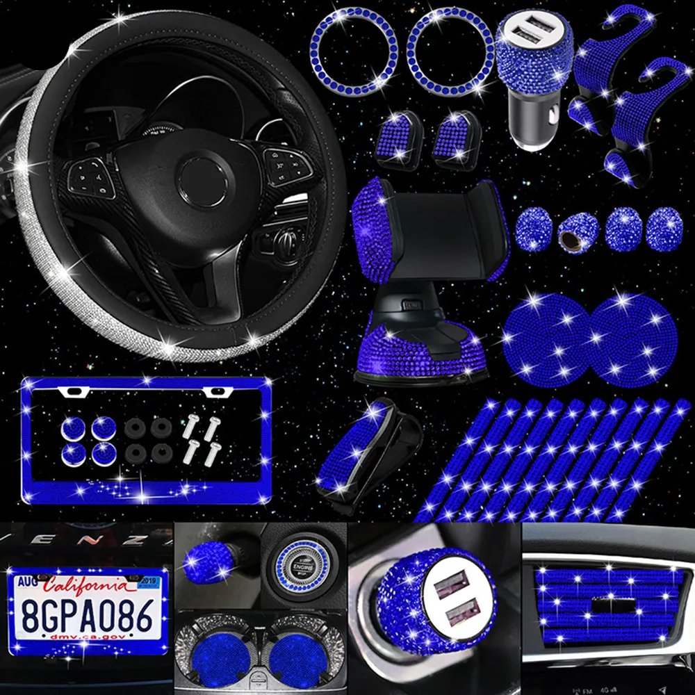 Crystal Interior Decor USB Charger Small Hook Phone Holder License Plate Frame Sunglasses Clip Bling Steering Wheel Cover Set