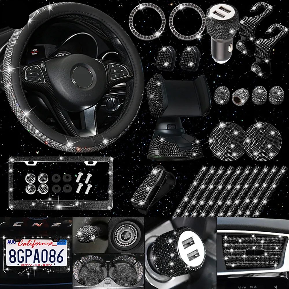 Crystal Interior Decor USB Charger Small Hook Phone Holder License Plate Frame Sunglasses Clip Bling Steering Wheel Cover Set