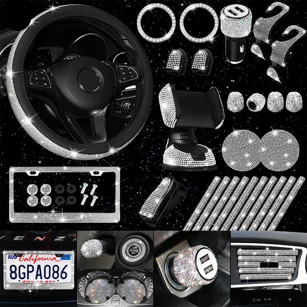Crystal Interior Decor USB Charger Small Hook Phone Holder License Plate Frame Sunglasses Clip Bling Steering Wheel Cover Set