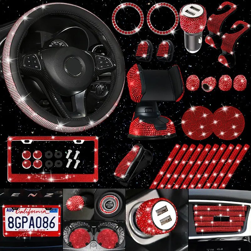 Crystal Interior Decor USB Charger Small Hook Phone Holder License Plate Frame Sunglasses Clip Bling Steering Wheel Cover Set