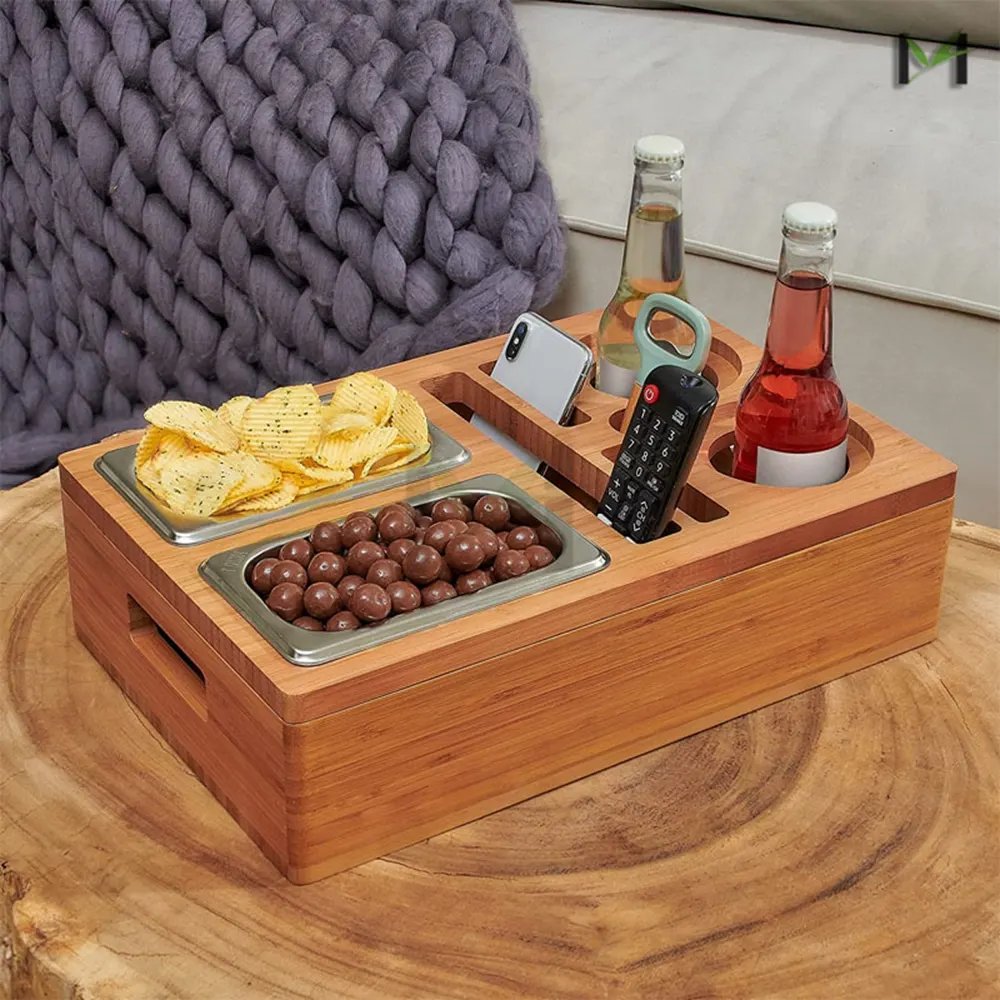 Removeable Lid Design Bamboo Couch Cup & Drink Holder with Snack Tray