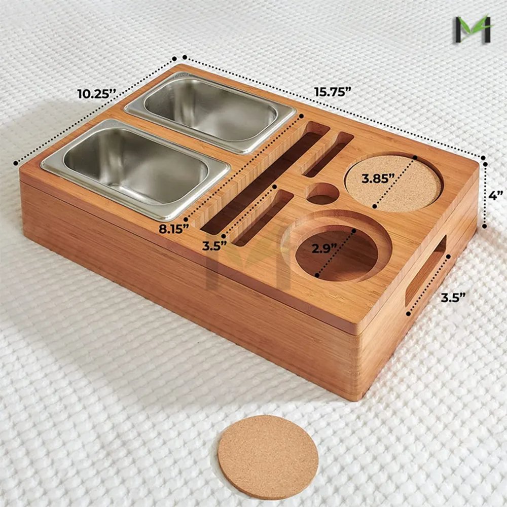 Removeable Lid Design Bamboo Couch Cup & Drink Holder with Snack Tray