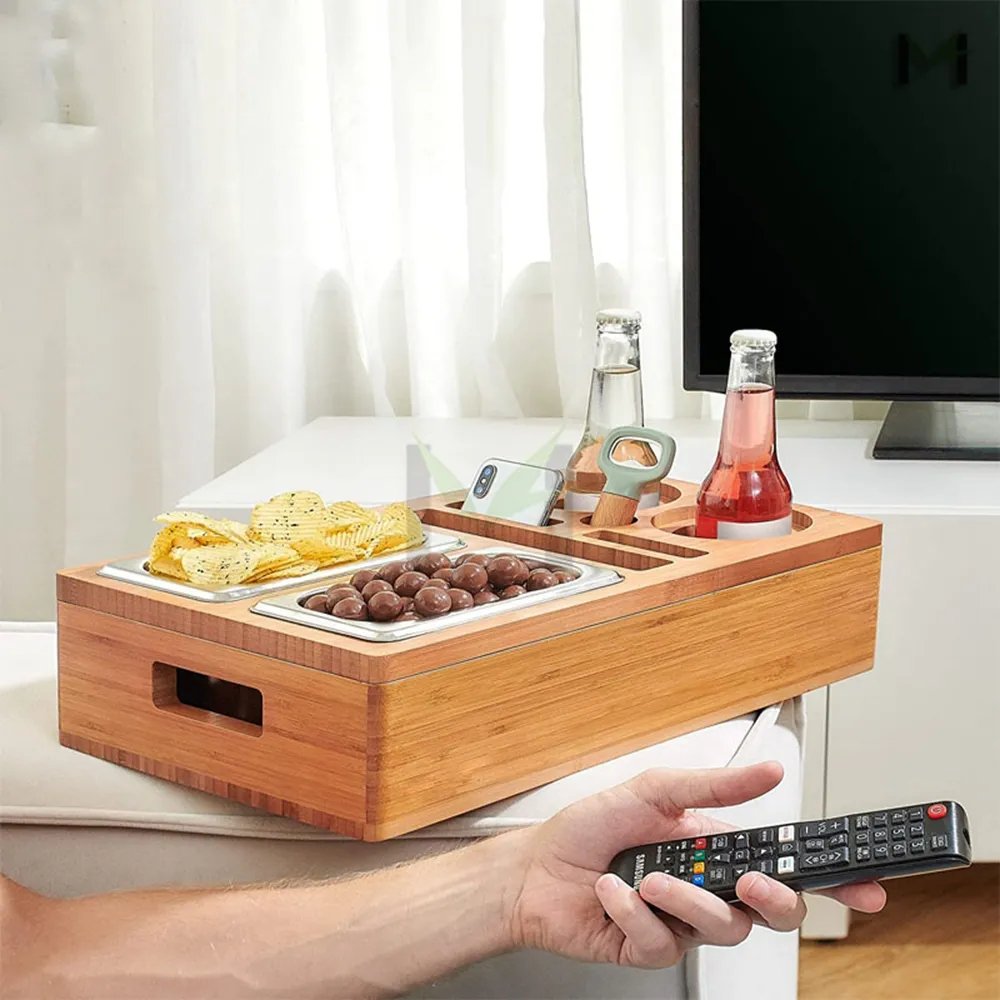 Removeable Lid Design Bamboo Couch Cup & Drink Holder with Snack Tray