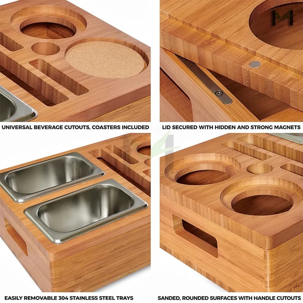 Removeable Lid Design Bamboo Couch Cup & Drink Holder with Snack Tray