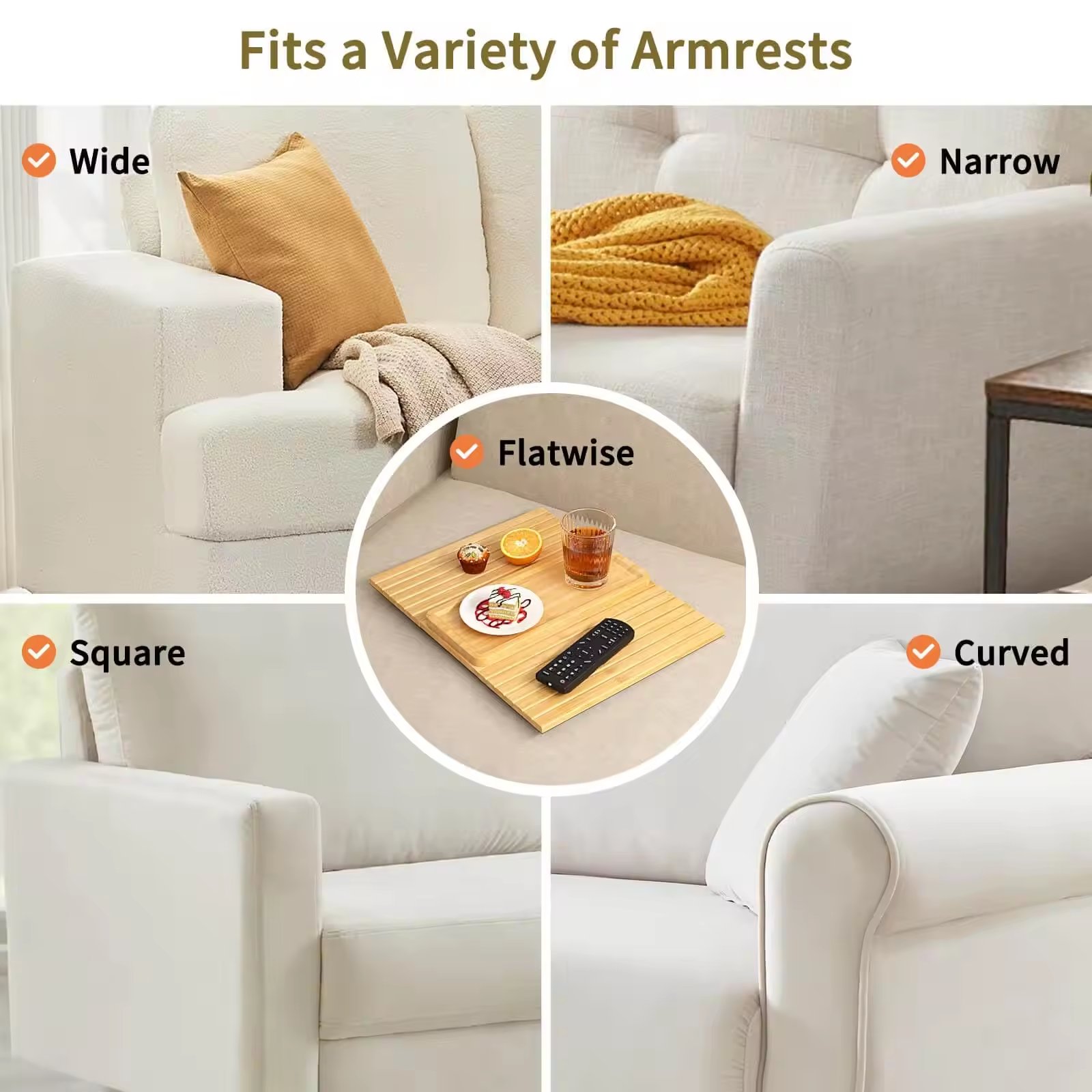 New Products Adjustable Couch Arm Tray Anti-Slip Bamboo Sofa Armrest Tray Sofa Tray Table With Cup Holder