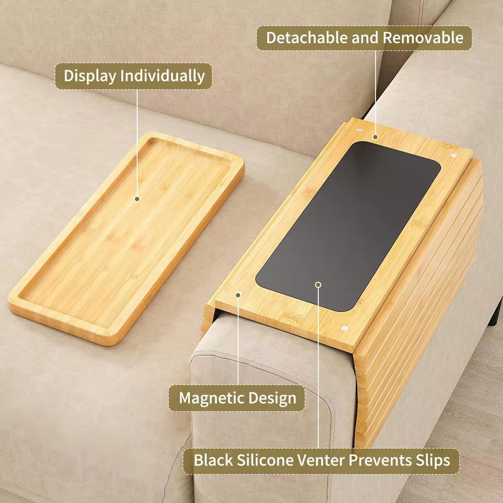 New Products Adjustable Couch Arm Tray Anti-Slip Bamboo Sofa Armrest Tray Sofa Tray Table With Cup Holder