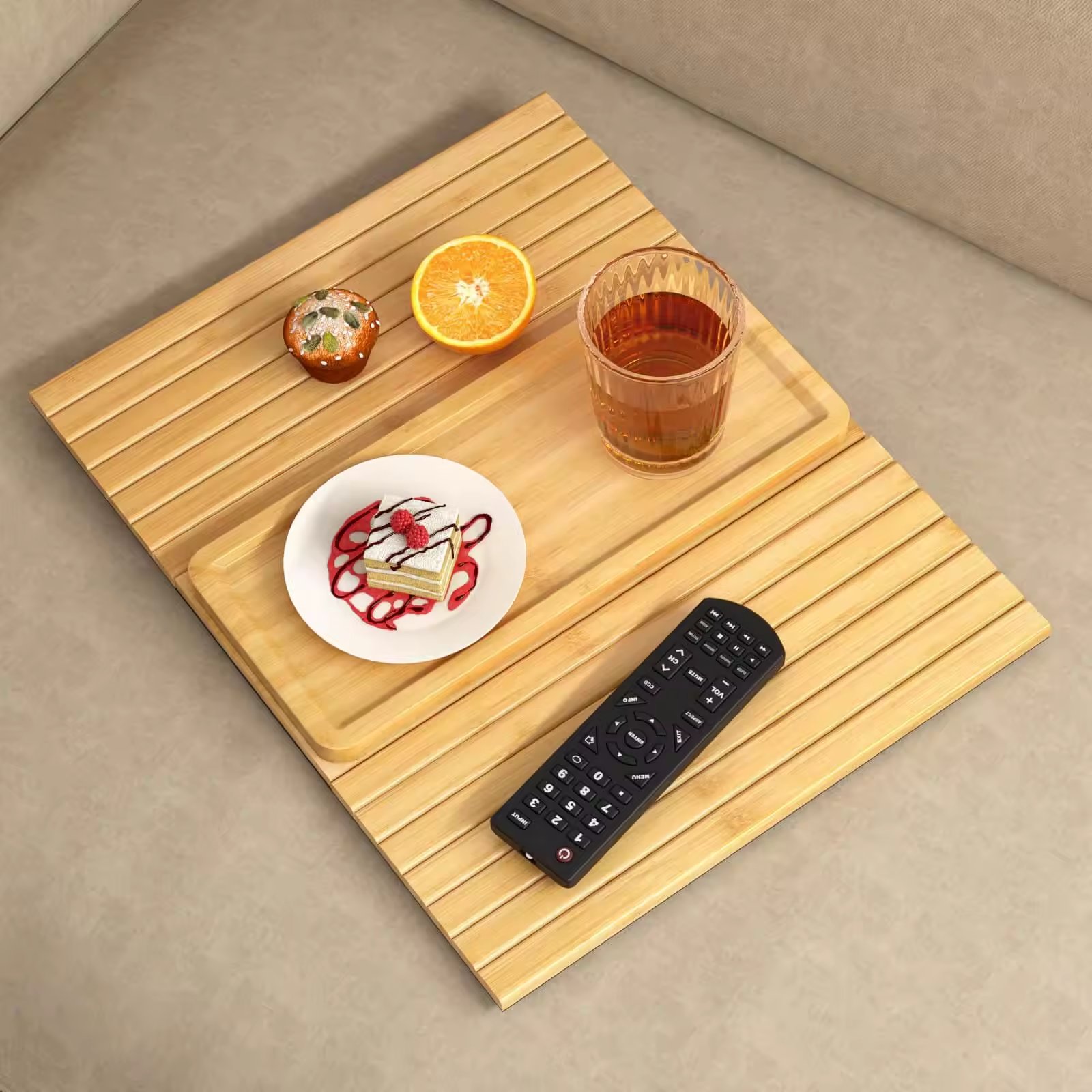 New Products Adjustable Couch Arm Tray Anti-Slip Bamboo Sofa Armrest Tray Sofa Tray Table With Cup Holder