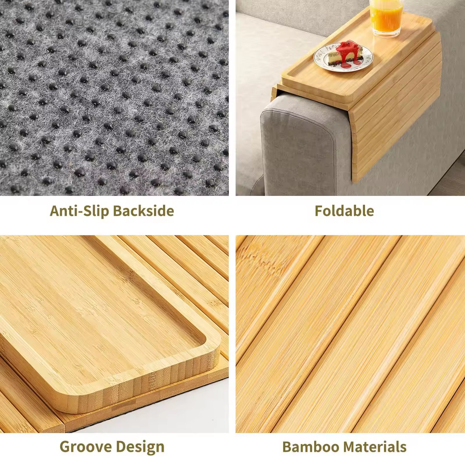 New Products Adjustable Couch Arm Tray Anti-Slip Bamboo Sofa Armrest Tray Sofa Tray Table With Cup Holder