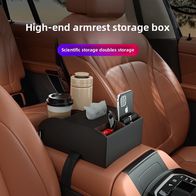 High-End Multi-Functional Leather Car Organizer Armrest Storage Rack Tissue Box Water Cup Holder Middle Storage Box Interior Use