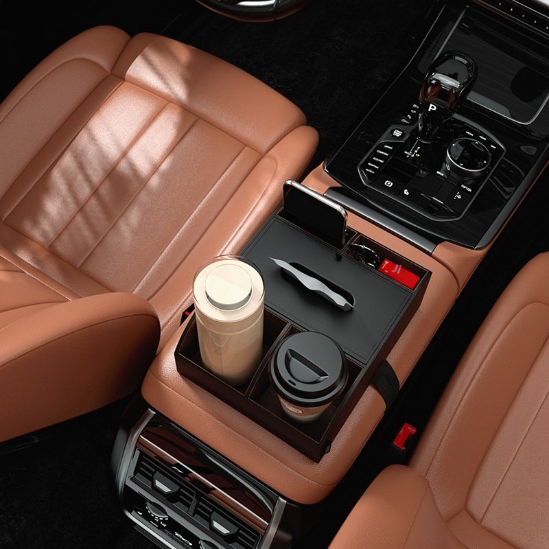 High-End Multi-Functional Leather Car Organizer Armrest Storage Rack Tissue Box Water Cup Holder Middle Storage Box Interior Use