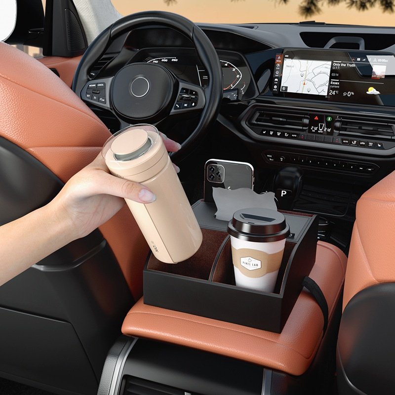 High-End Multi-Functional Leather Car Organizer Armrest Storage Rack Tissue Box Water Cup Holder Middle Storage Box Interior Use