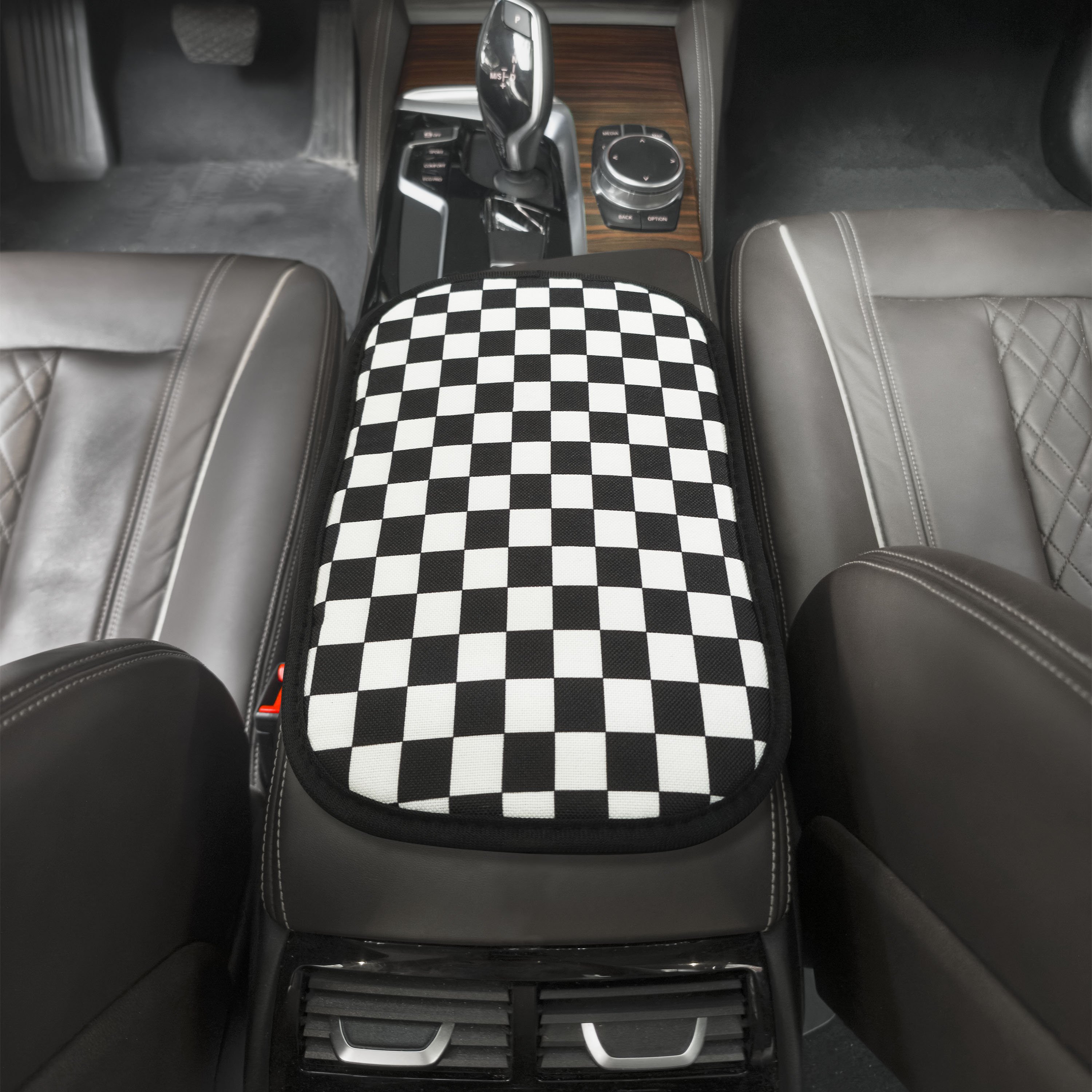 High-Durability Car Armrest Cushion With Black & White Checkerboard Design for Luxury Car Consoles