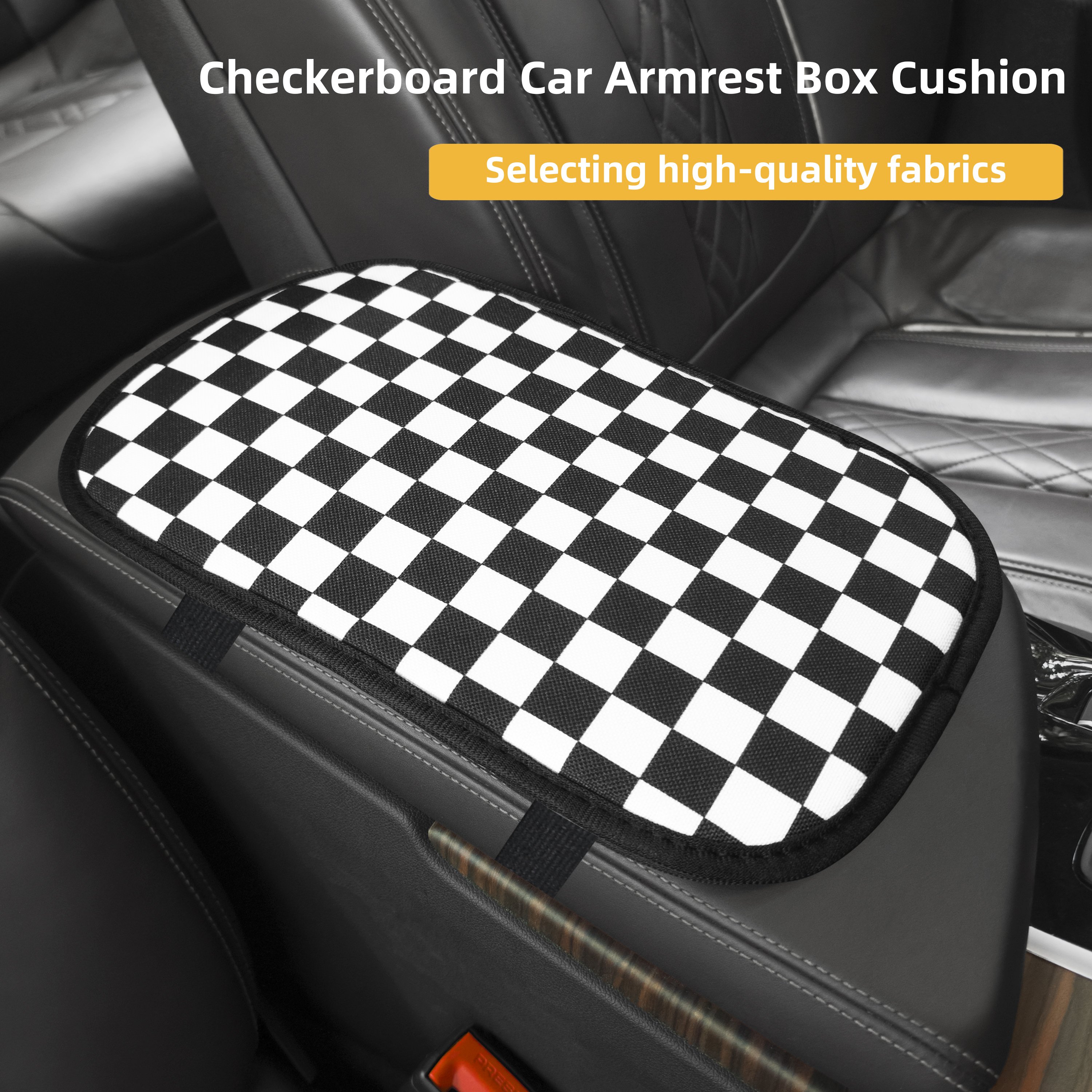 High-Durability Car Armrest Cushion With Black & White Checkerboard Design for Luxury Car Consoles