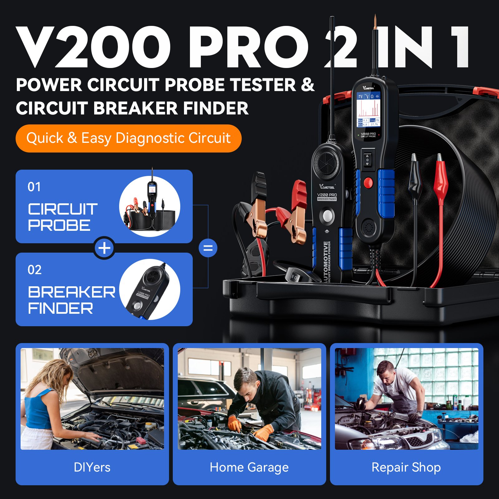 VDIAGTOOL V200 Pro Automotive Power Circuit Probe Tester Breaker Finder Tool 12/24V AC DC Voltage Trailer Relay Fuse Test