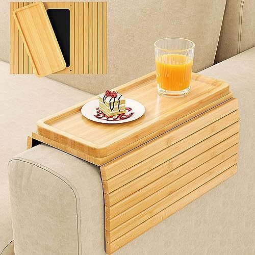 Combohome Foldable Bamboo Armrest Couch Cup Holder Sofa Cup Holder Bamboo Sofa Arm Storage Tray for Couch Armrest