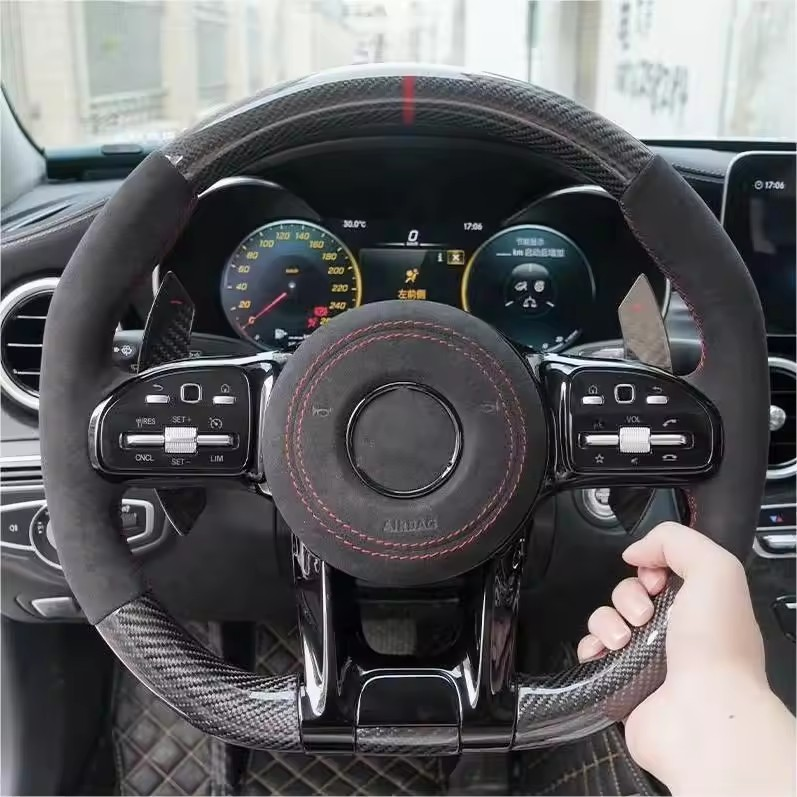 Gloss Black Top Strip Carbon Fiber Shift Paddle Alcantara Leather Steering Wheel for Mercedes Benz S C Class C63s C55 GLA45 AMG
