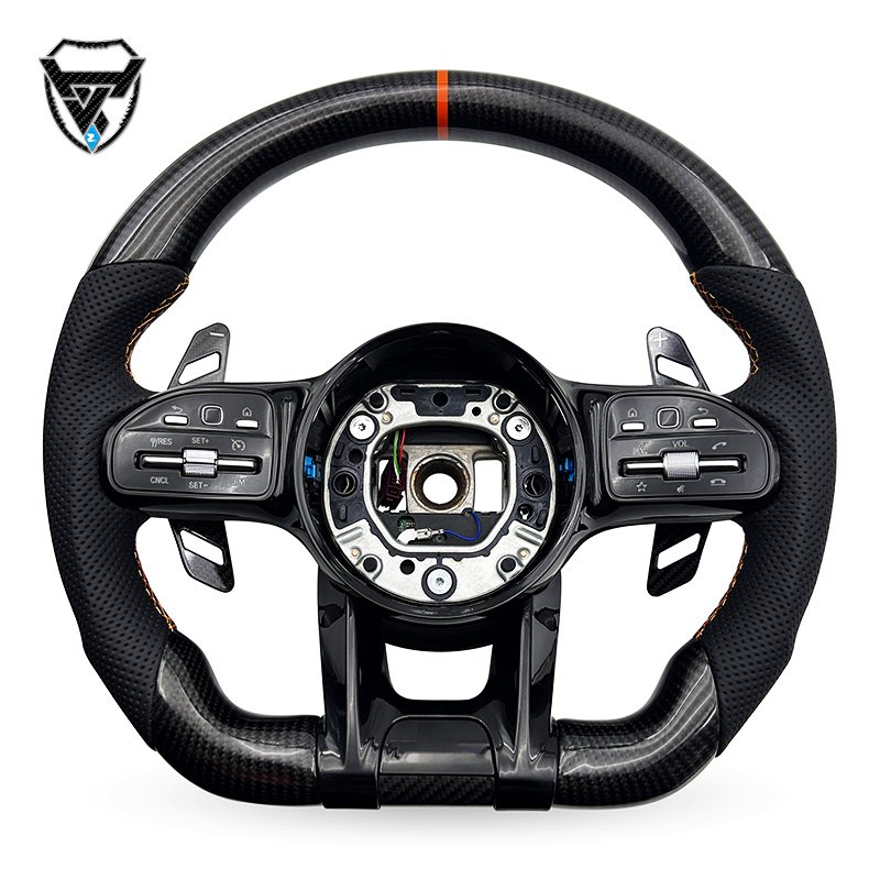 Carbon fiber black orange label genuine leather black semi perforated modified steering wheel for Mercedes Benz zc-809-YD-t82-f