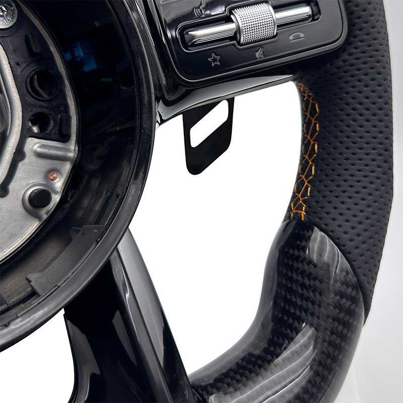 Carbon fiber black orange label genuine leather black semi perforated modified steering wheel for Mercedes Benz zc-809-YD-t82-f