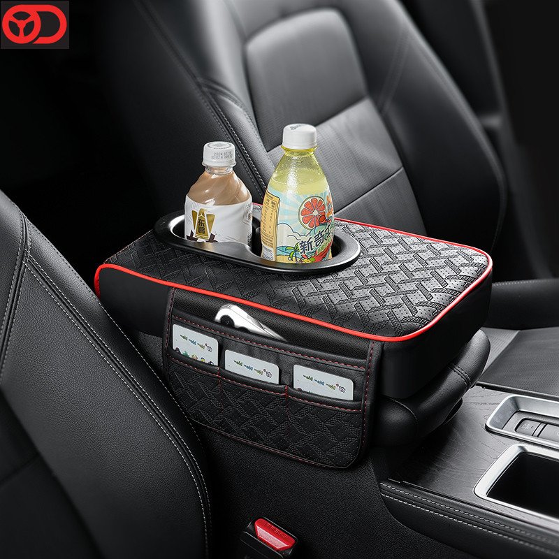 2024 New Design Universal Leather Car Armrest Cushion with Pocket Card Phone Organizer Cup Holder Car Interior Accessories