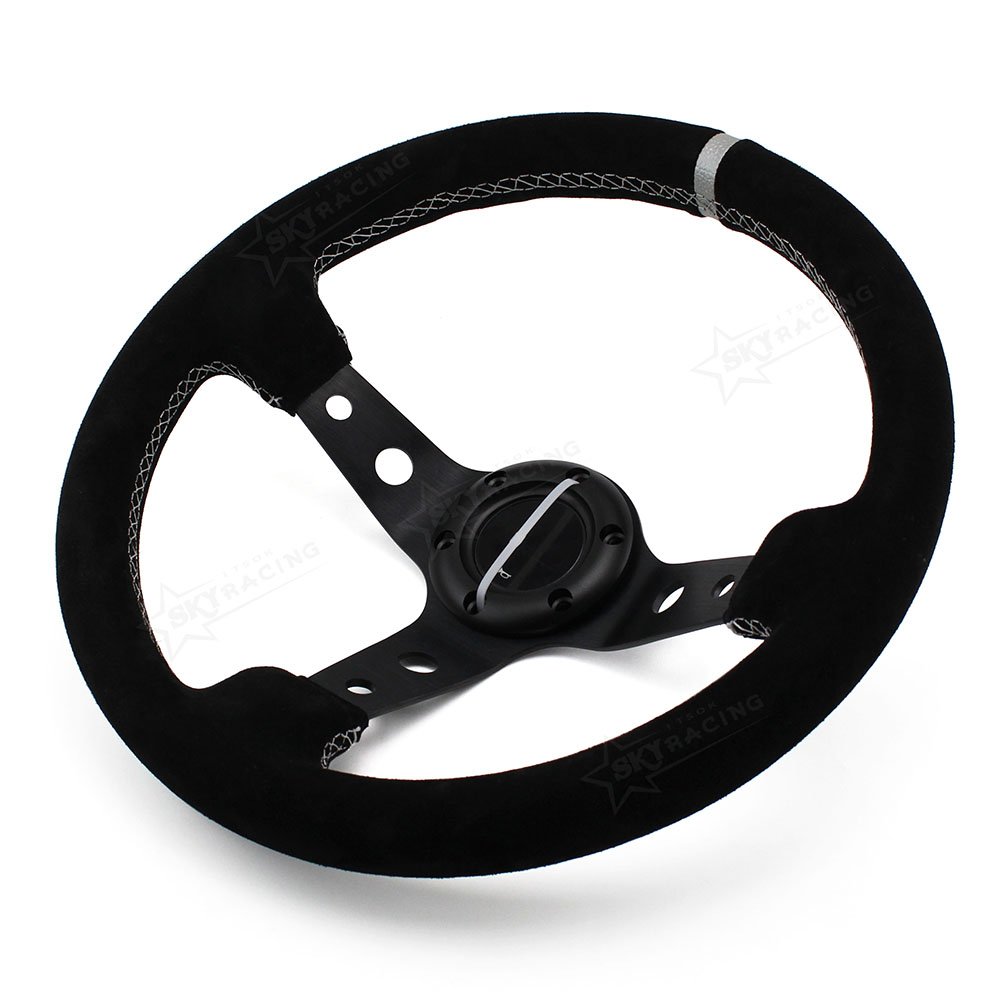 350mm white stitching car steering wheel 14 inch deep dish suede steering wheel with black spoke