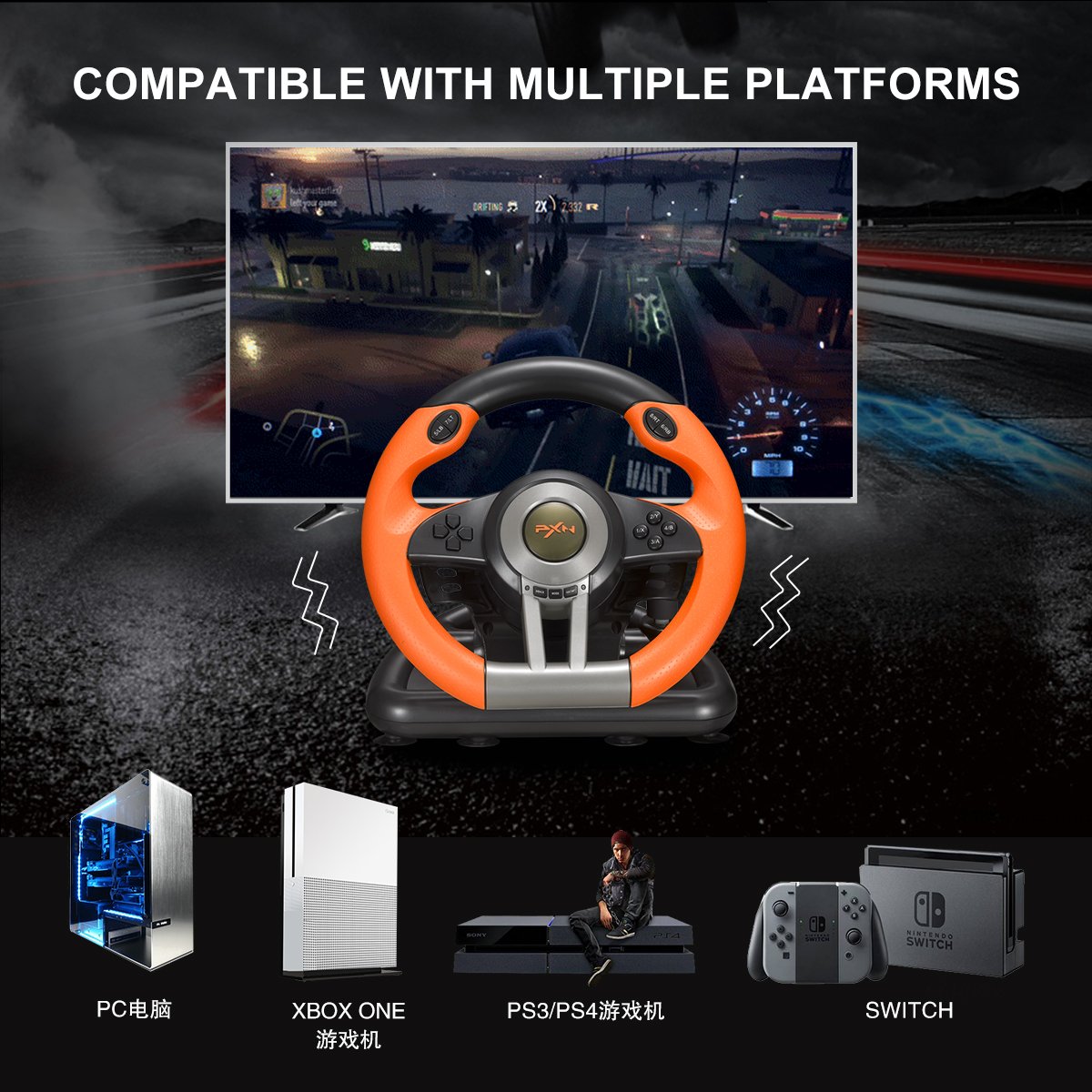 Custom 180 steering angle video game racing gaming steering wheel support for PS3 PS2 PC